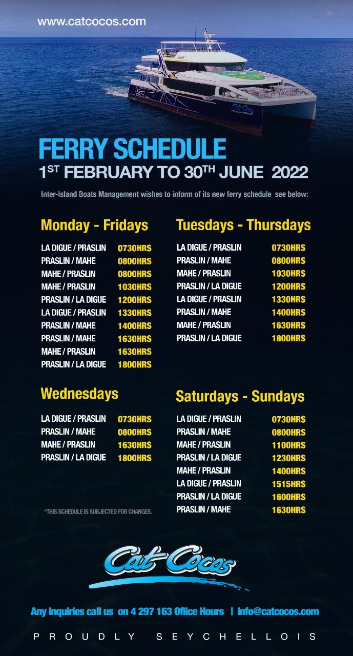 Cat Cocos Seychelles Schedule February June 2022