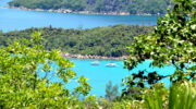 Praslin Island, Seychellen, Anse Lazio Bucht von oben